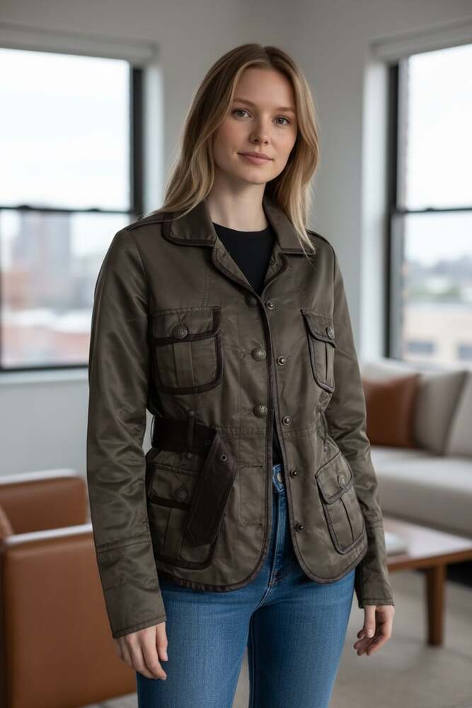 My Tribe Khaki Green‎ Field Jacket with Leather Trim and Belt, Y2K Style